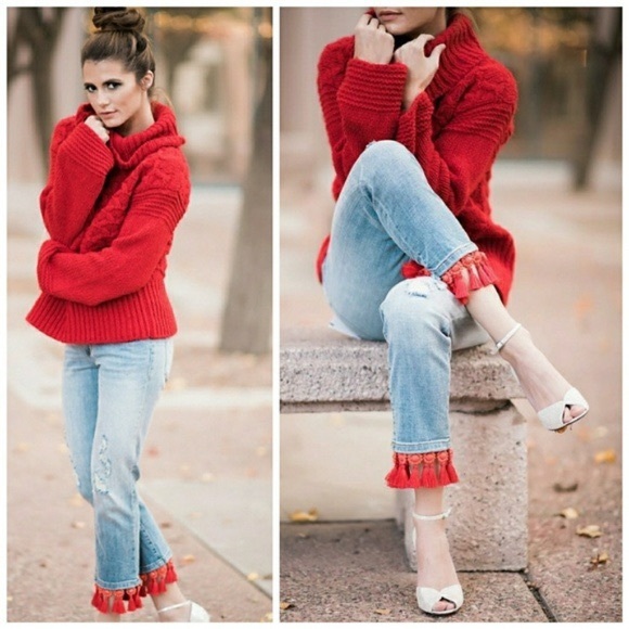 ❌SOLD❌Anthropologie red tassel boyfriend jeans - Picture 1 of 8